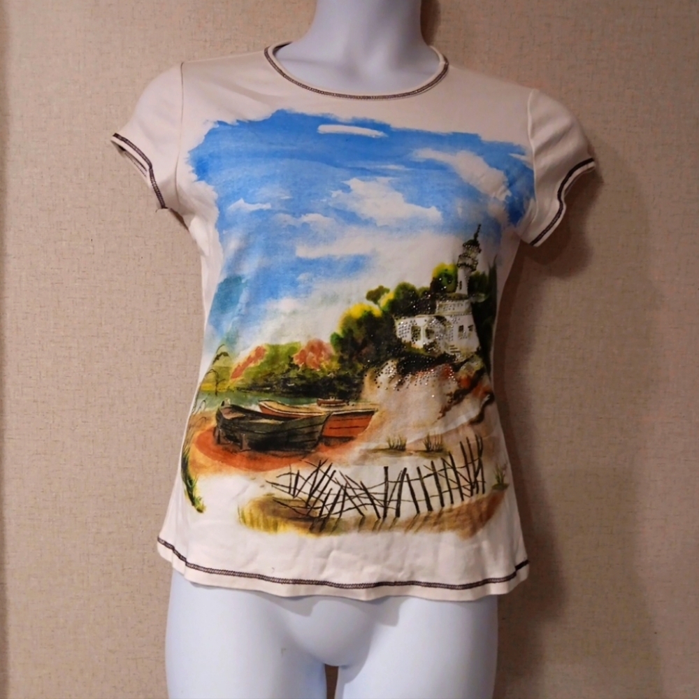 Blue Canyon 200s Artistic Cream Scenic Print Tee